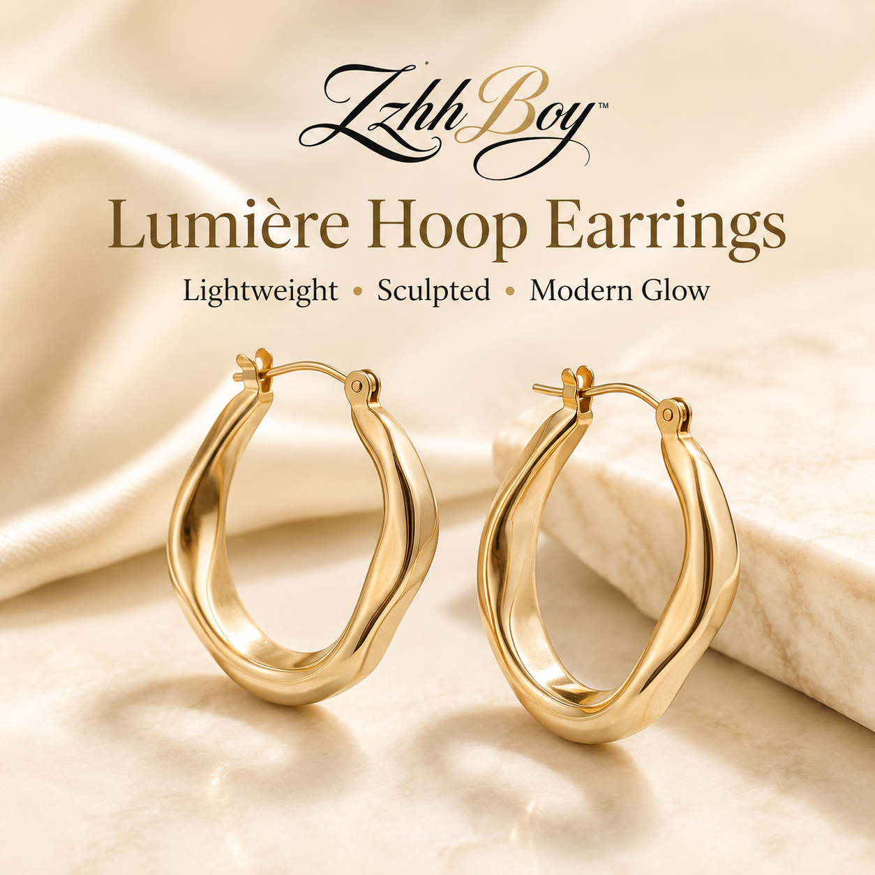 ZzhhBoy™ Lumière Sculpted Hoop Earrings – Lightweight Gold-Tone Statement Hoops