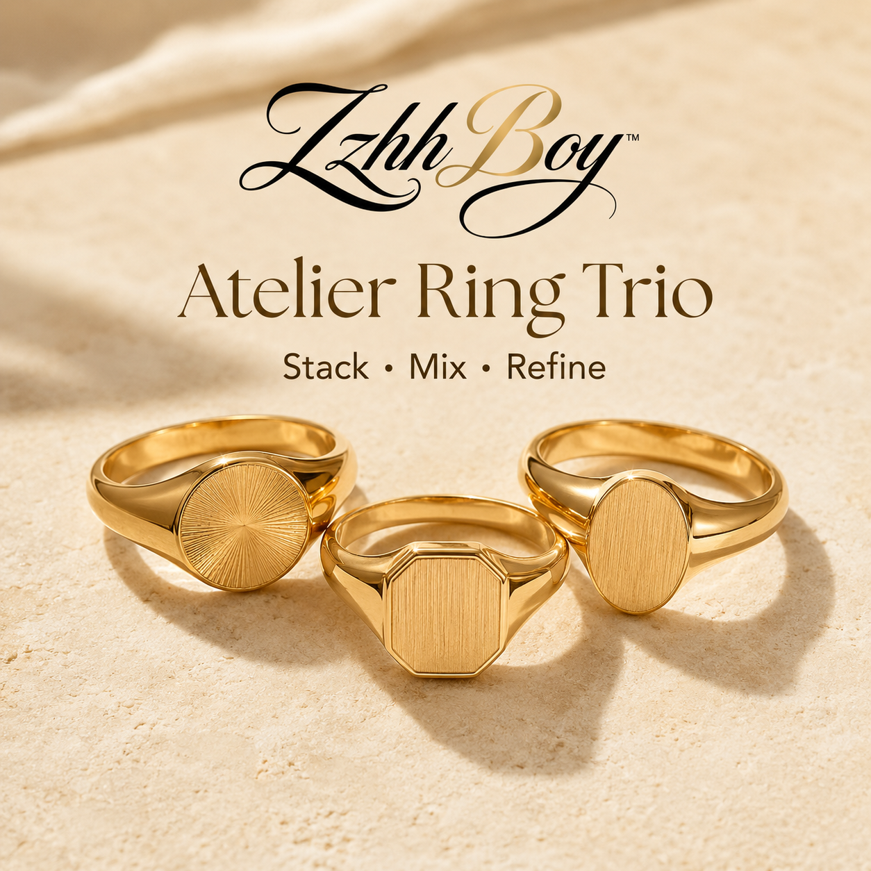 ZzhhBoy™ Atelier Signet Ring Trio – Stackable Stainless Steel Unisex Ring Set