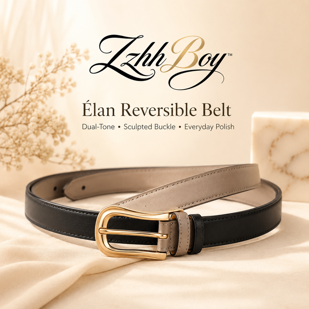 ZzhhBoy™ Élan Reversible Slim Belt – Dual-Tone Vegan Leather Waist Belt